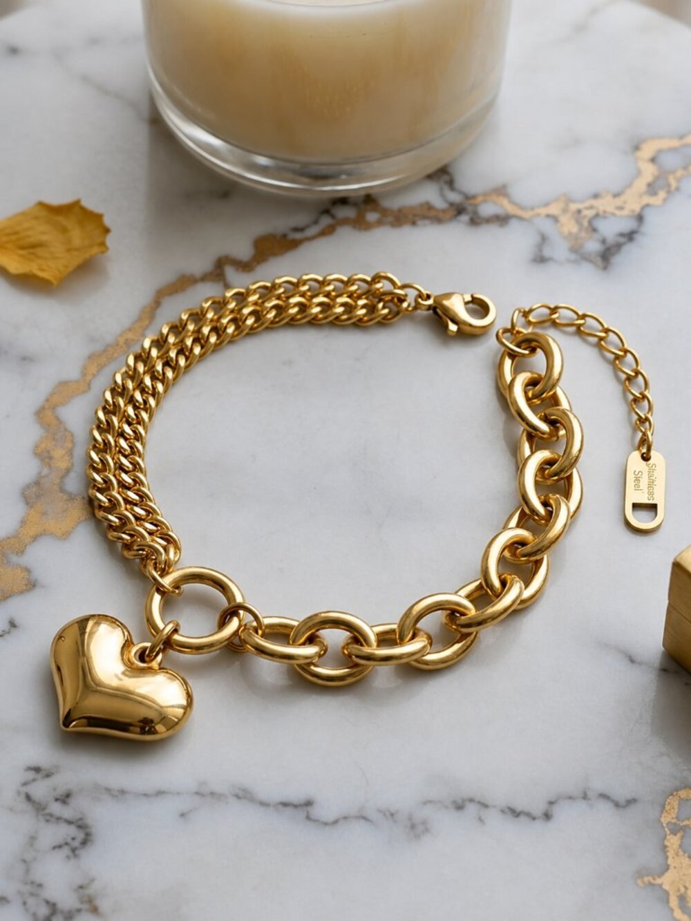 Heart Charm Double Chain Bracelet 18K Gold Plated Stainless Steel Chunky 6-8"